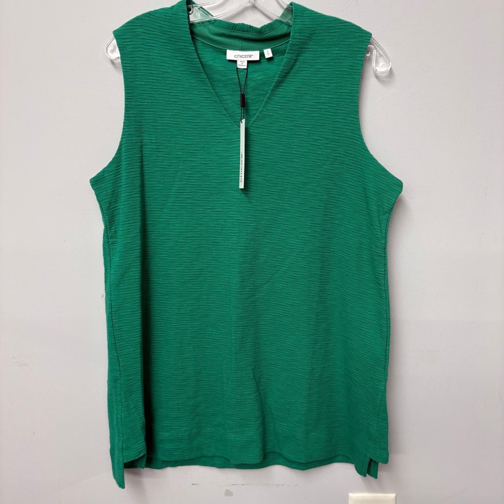 Chico's Eden Green Textured V-Neck Tunic Tank Top 100% Cotton Size 2 L NEW